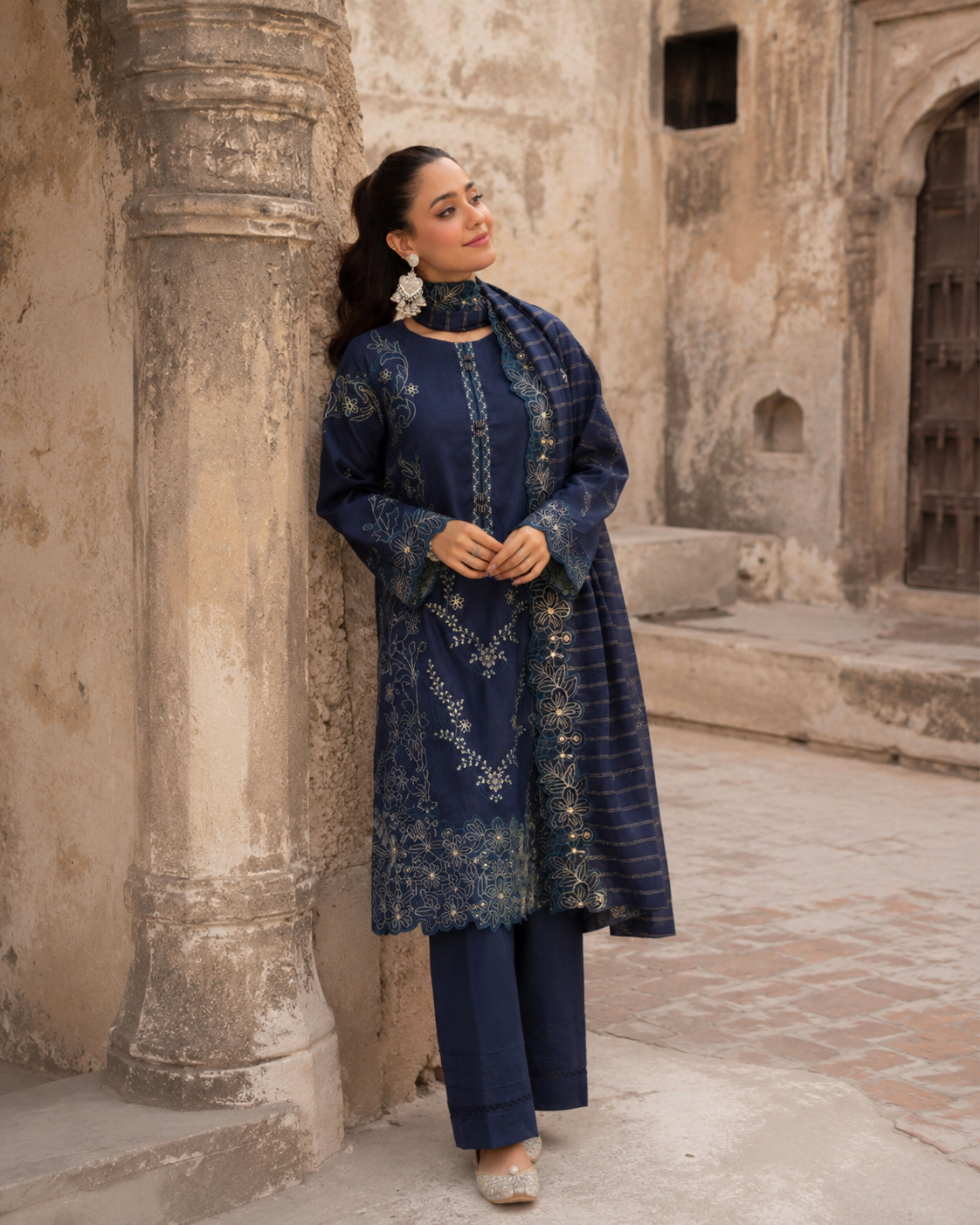 Unstitched navy blue lawn suit with tilla embroidery