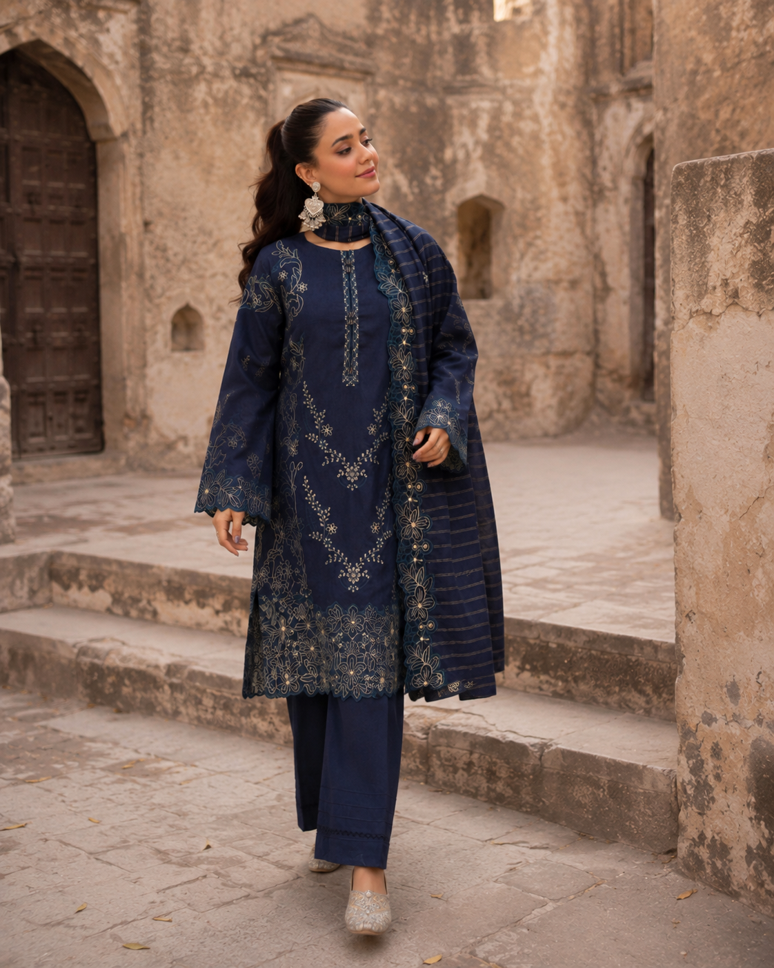 Unstitched midnight blue embroidered lawn suit, three-piece