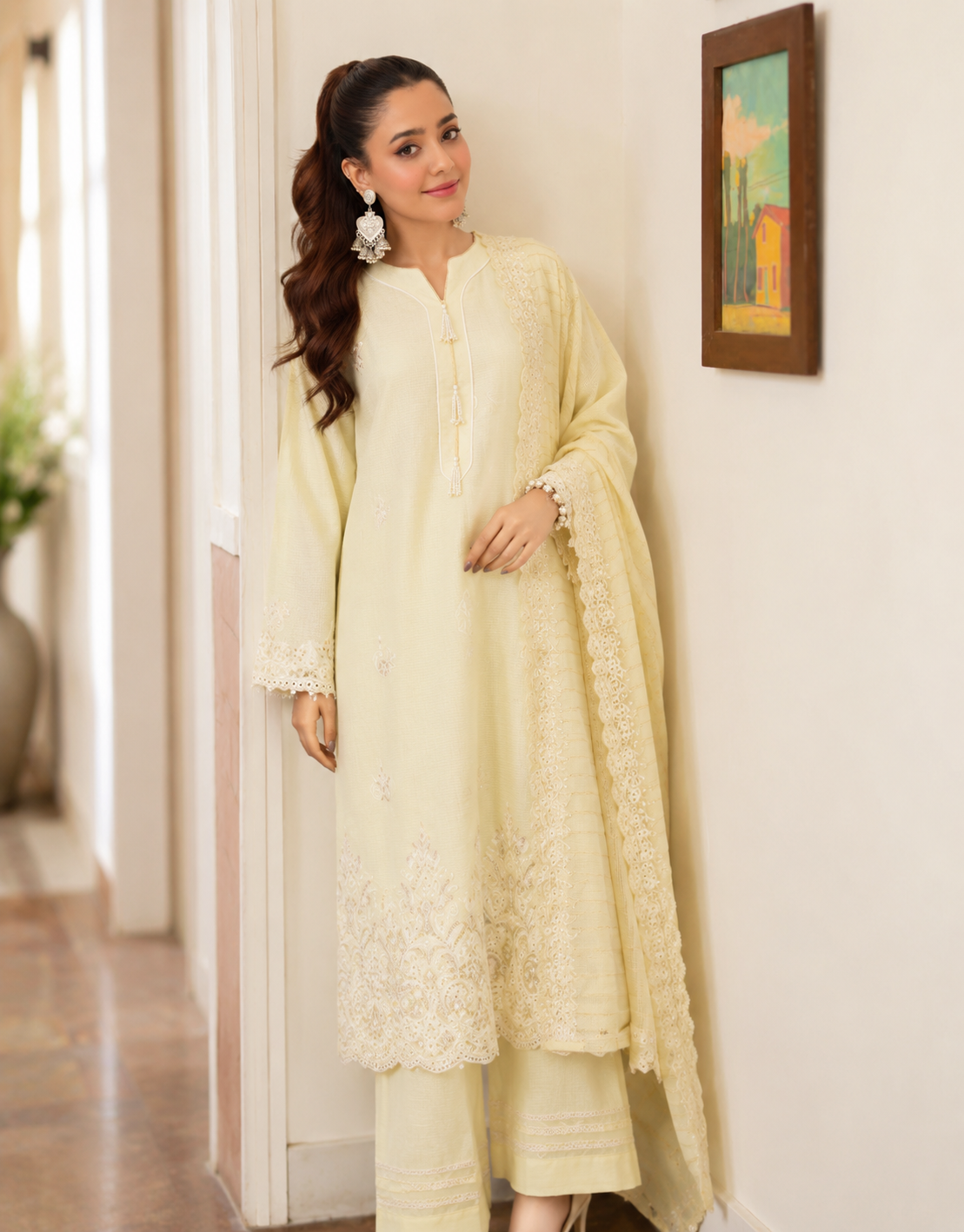 Butter yellow unstitched three-piece lawn suit with organza dupatta