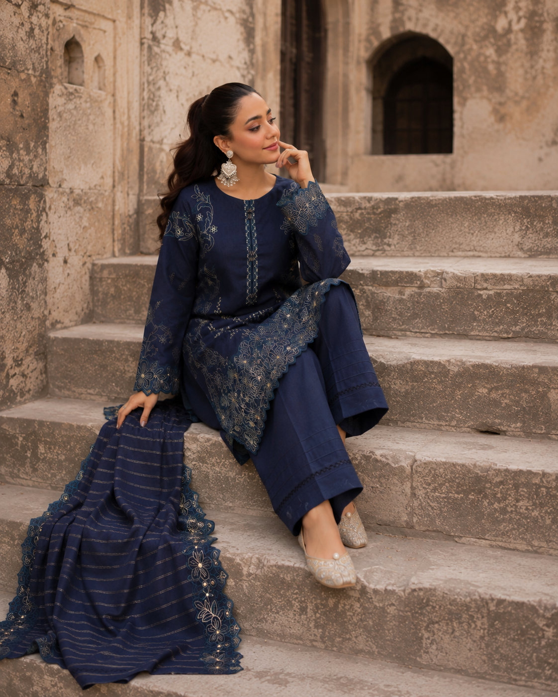 Midnight blue unstitched three-piece embroidered lawn suit with organza dupatta