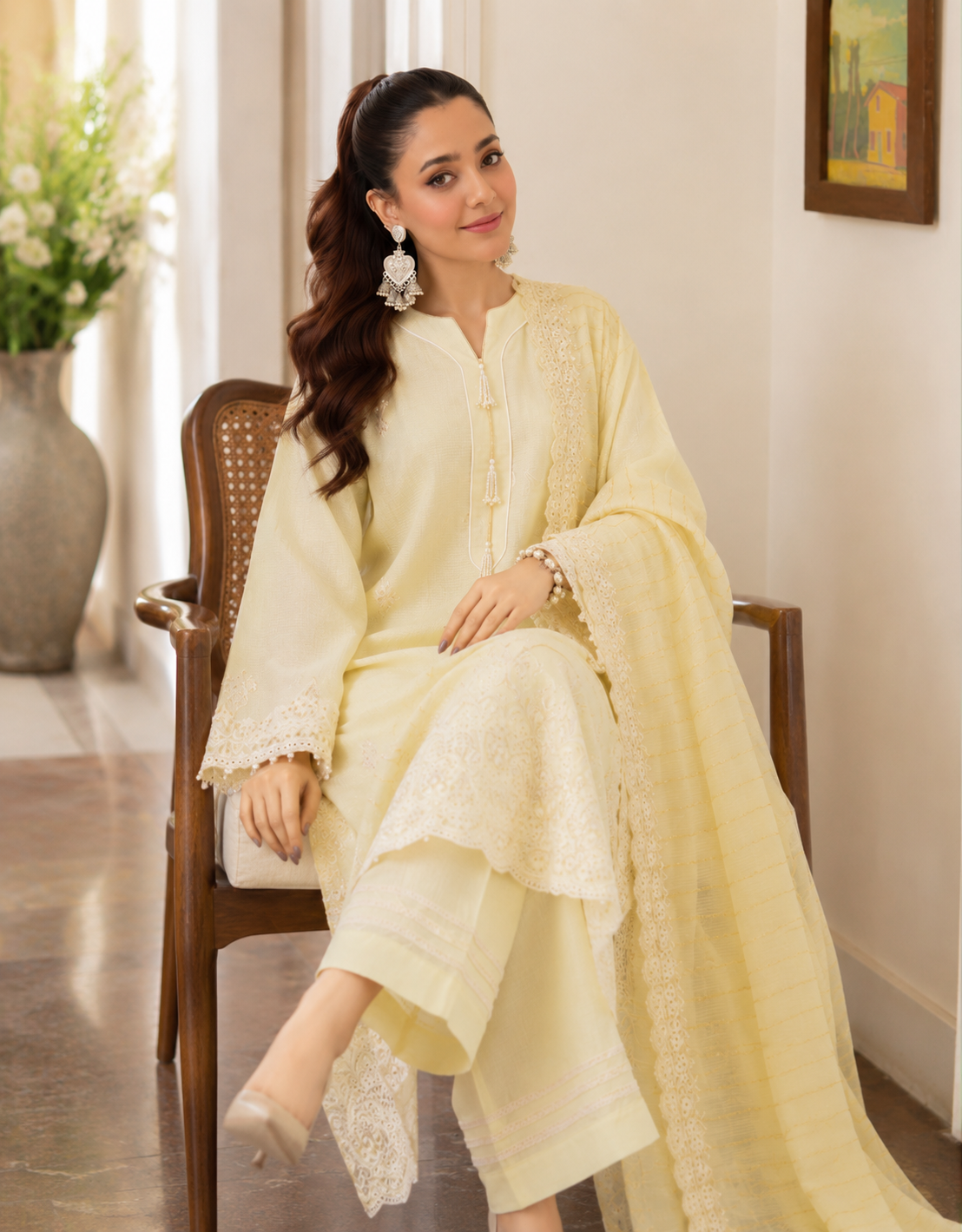 Yellow unstitched three-piece luxury lawn suit