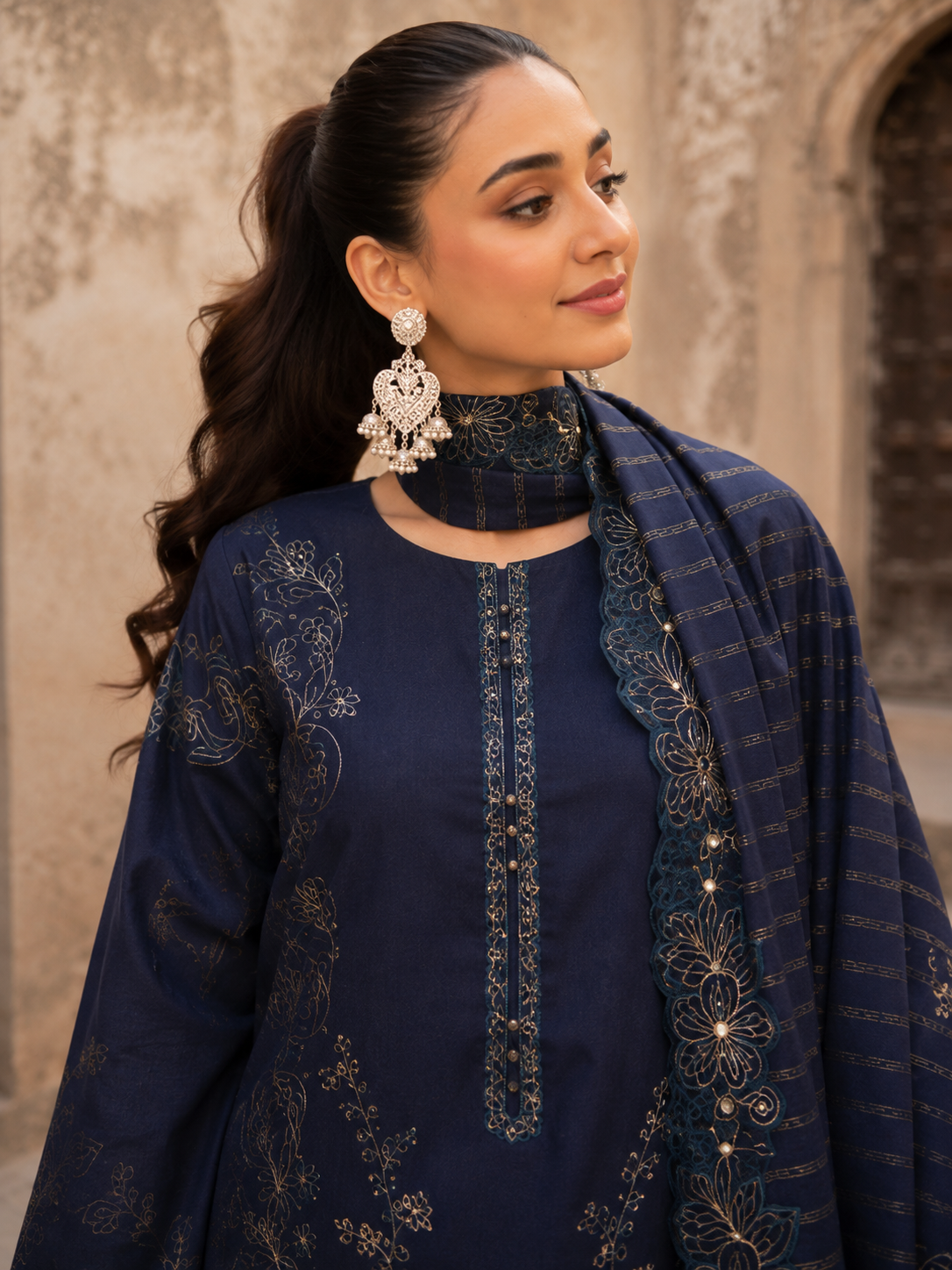 Midnight blue three-piece luxury unstitched lawn suit for evening wear