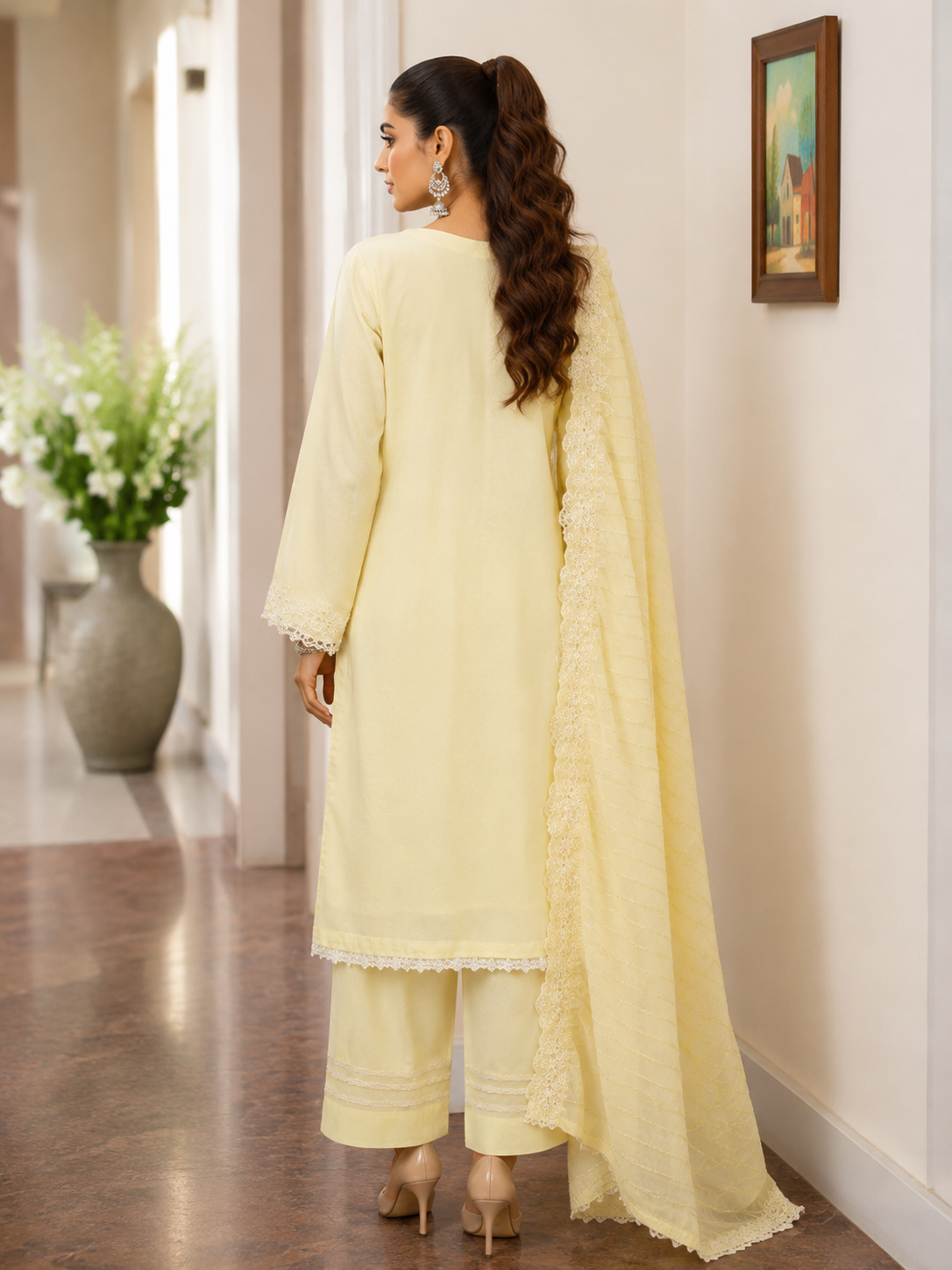 Butter yellow three-piece unstitched lawn suit in pastel tones