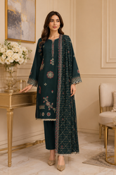 Pine green unstitched three-piece embroidered lawn suit with jacquard dupatta