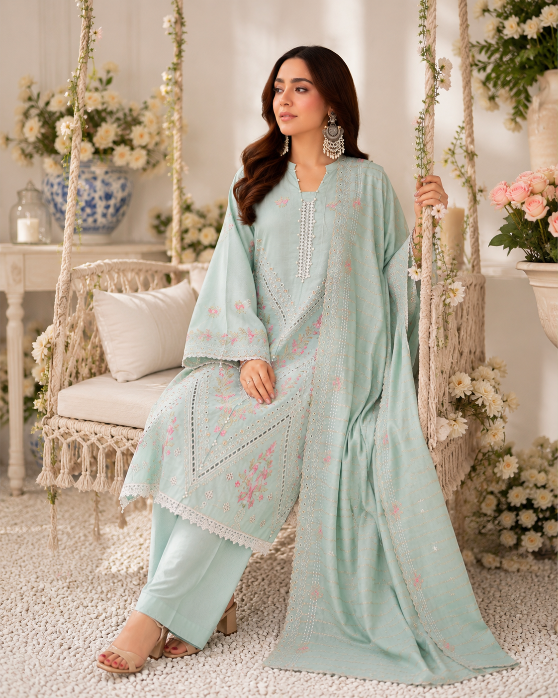 Pastel mint embroidered lawn suit with organza dupatta, unstitched