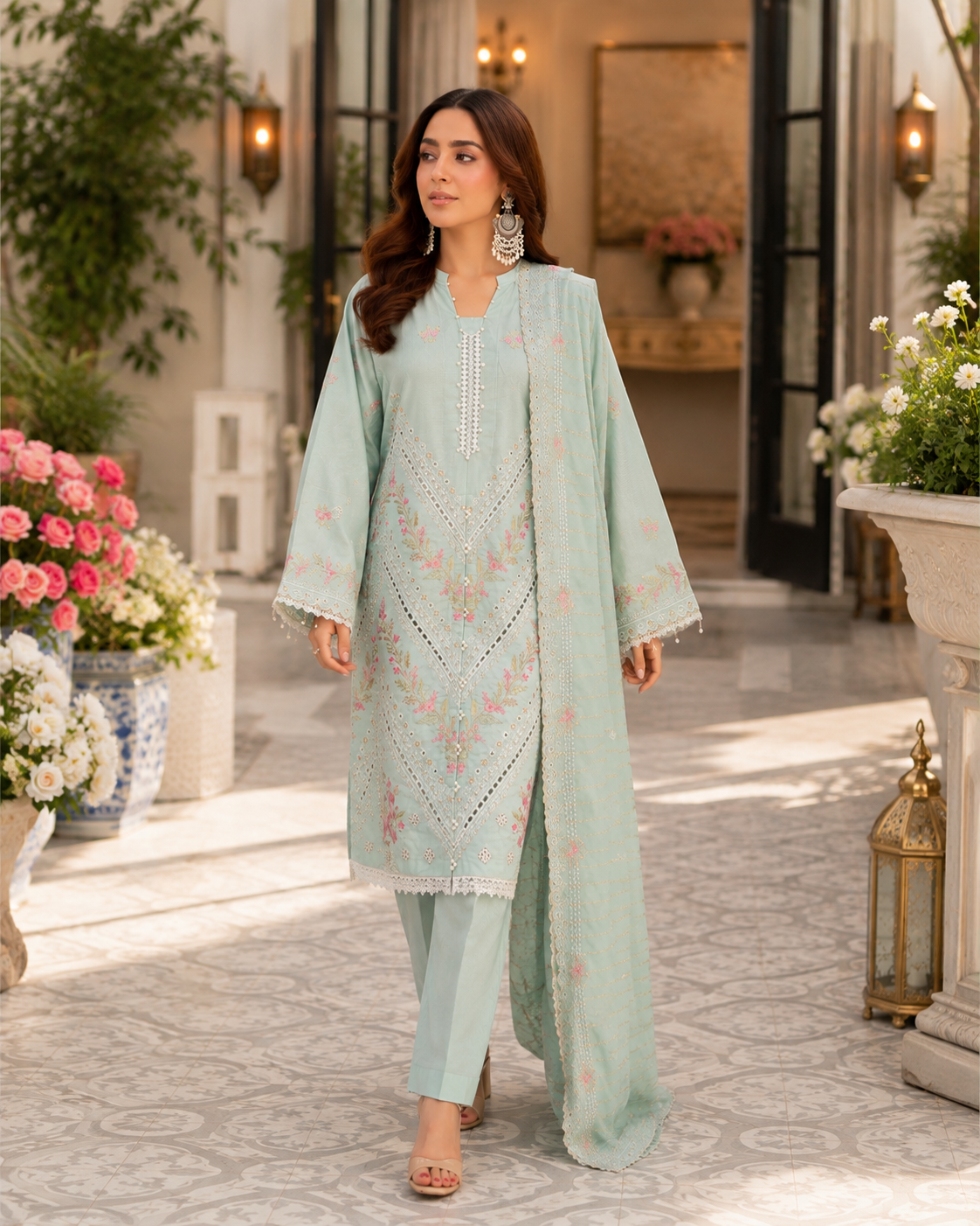 Mint green three-piece unstitched pastel lawn suit