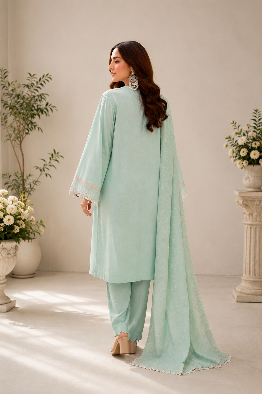 Unstitched mint green schiffli cutwork lawn suit