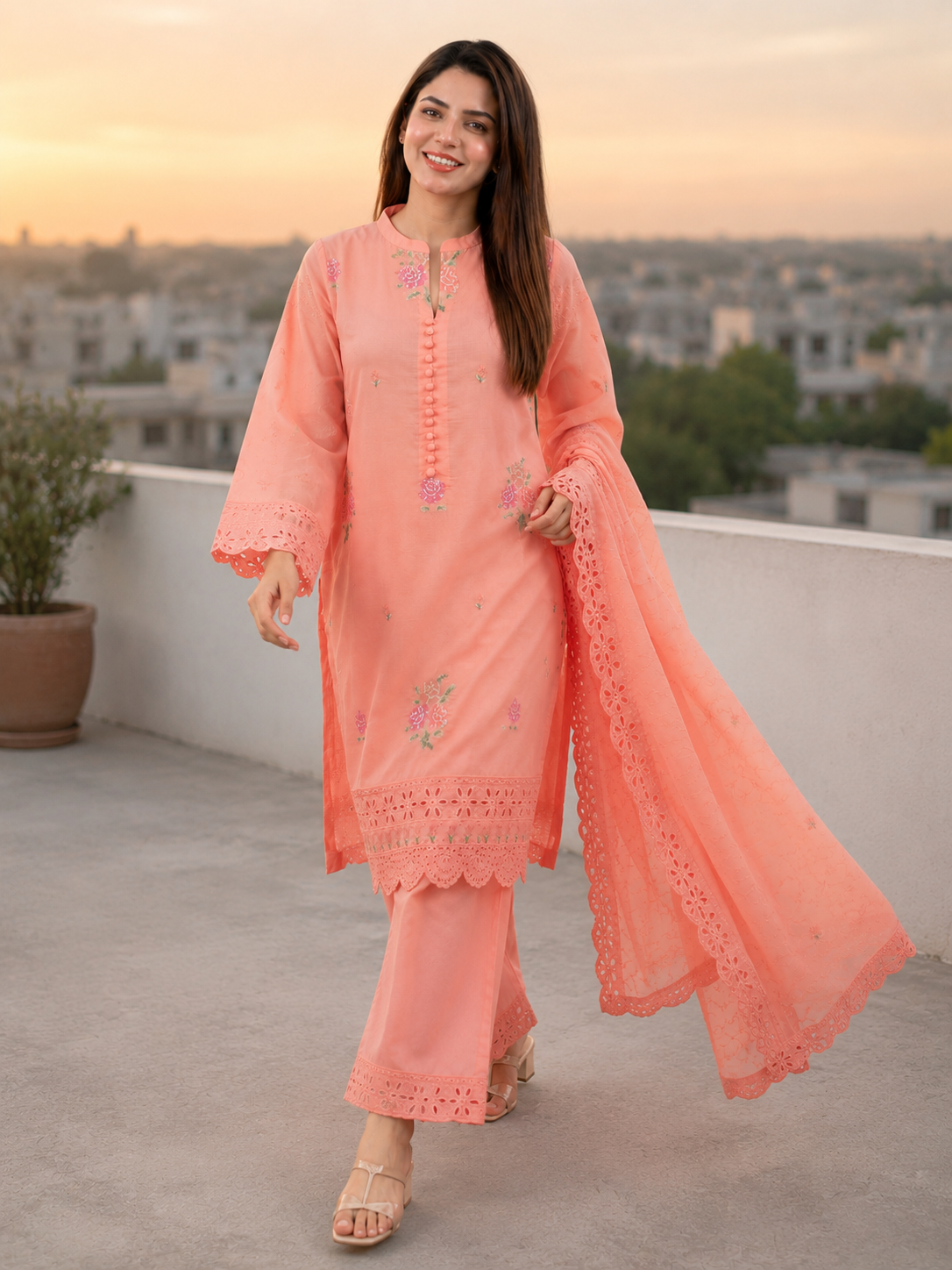 Unstitched peach lawn suit with schiffli cutwork