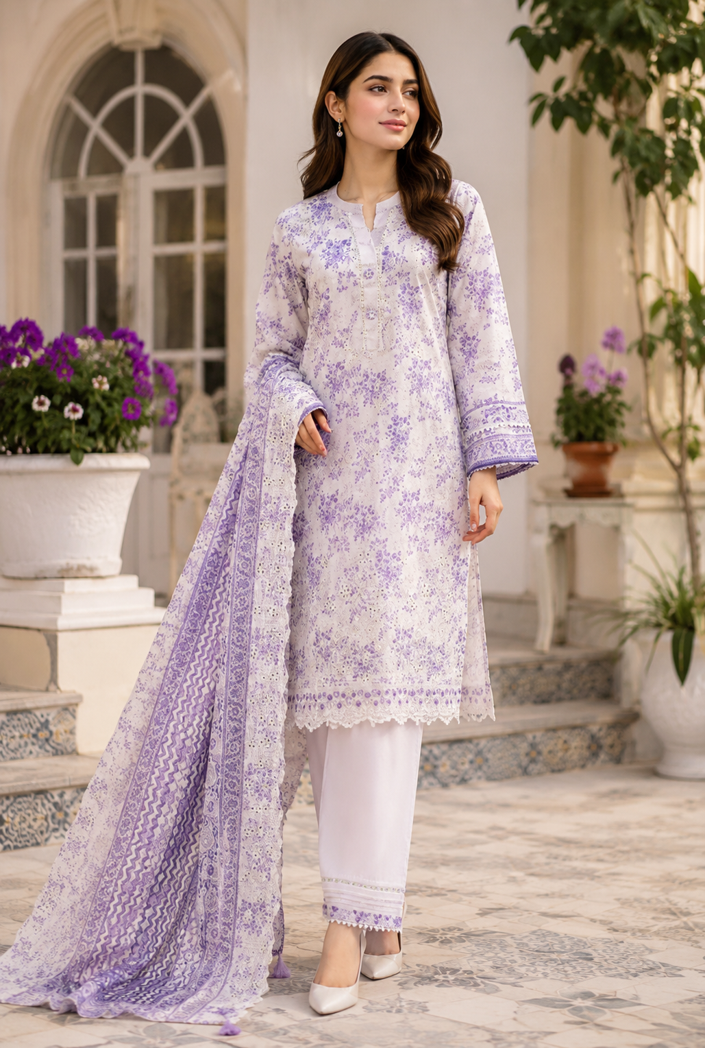 White and lilac floral unstitched three-piece lawn suit with voile dupatta