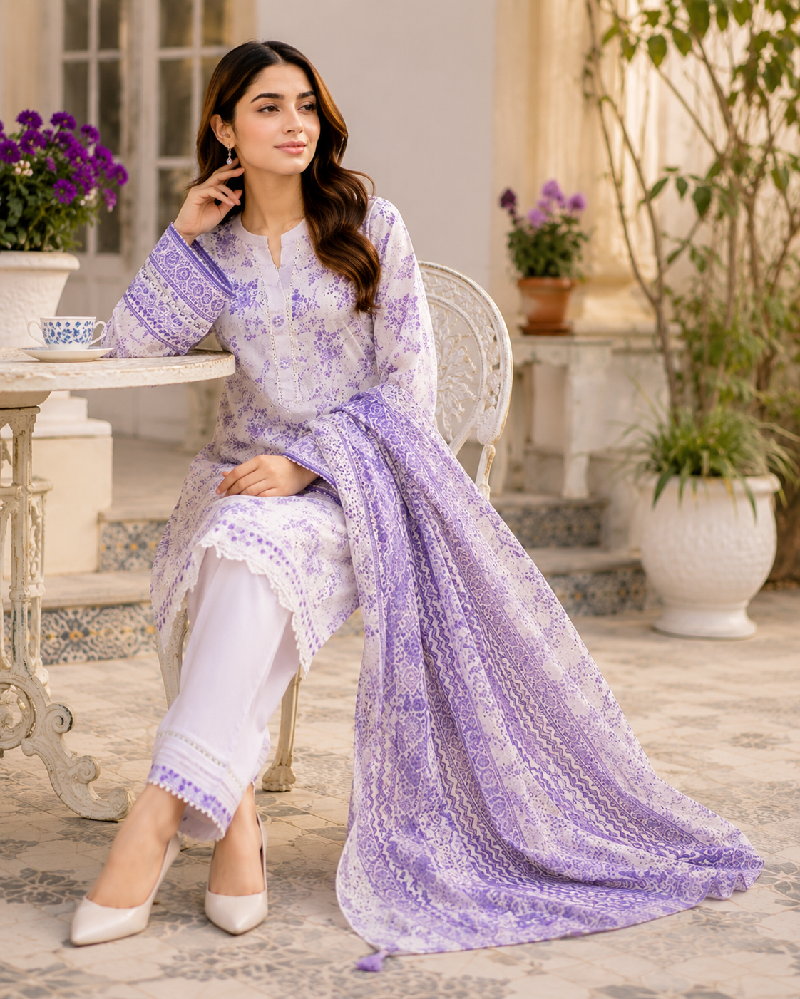 White three-piece unstitched lawn suit in pastel tones