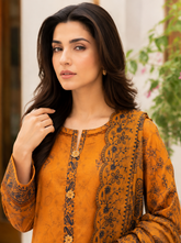 Mustard floral print unstitched three-piece lawn suit with voile dupatta
