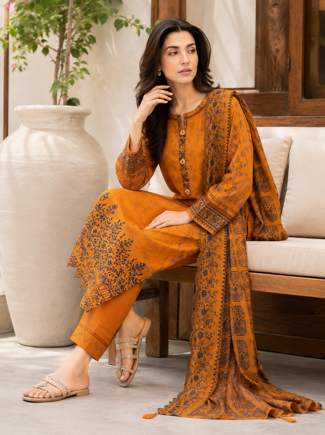 Mustard three-piece unstitched lawn suit for daily wear