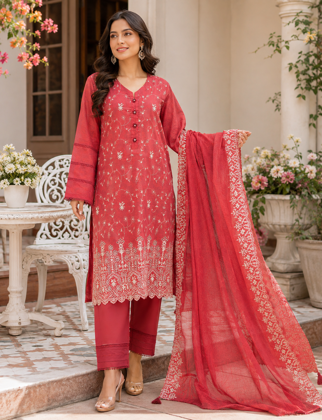 Coral red unstitched three-piece embroidered lawn suit with chiffon dupatta