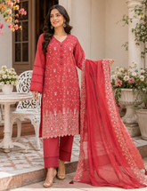 Coral red unstitched three-piece embroidered lawn suit with chiffon dupatta