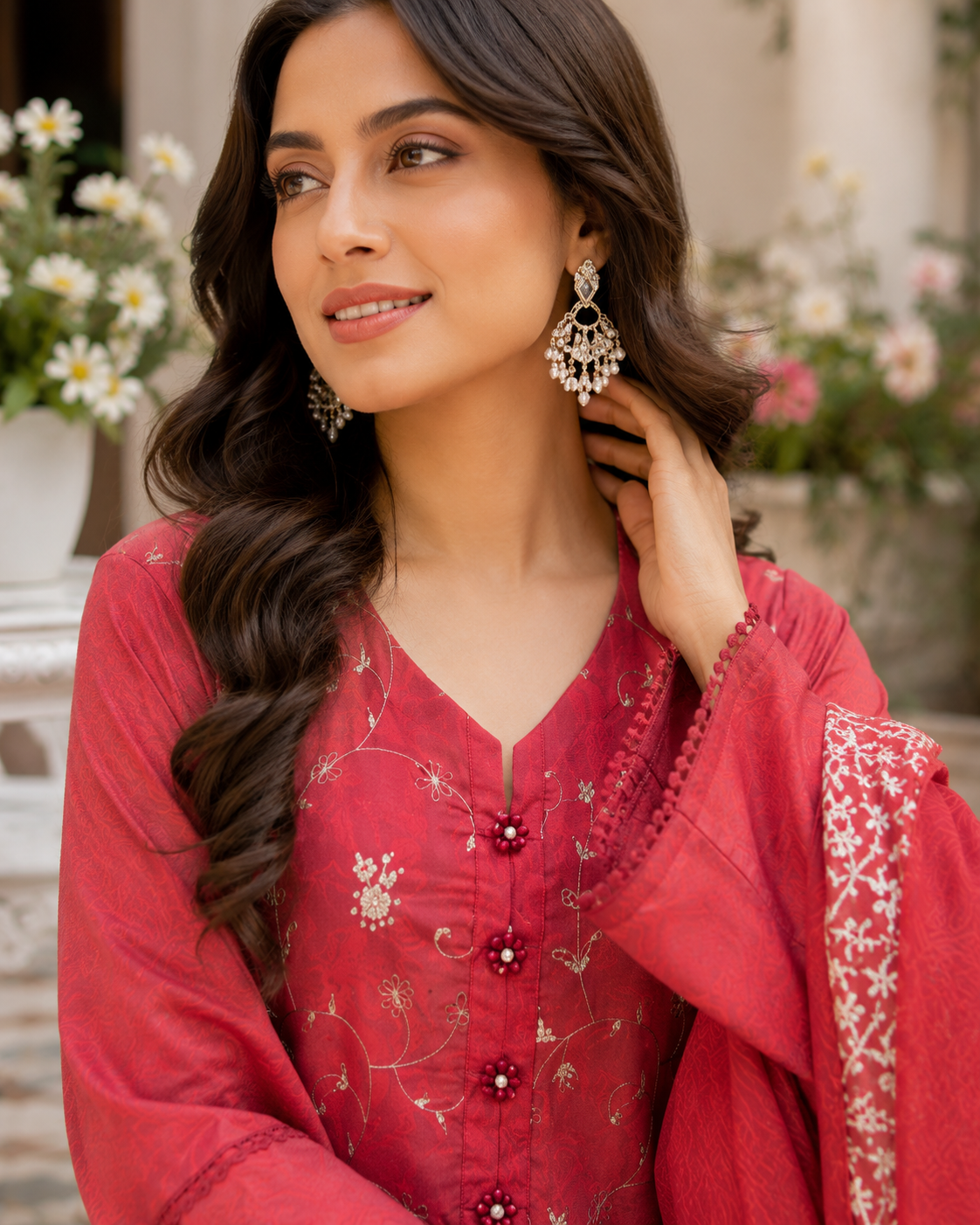 Red embroidered lawn suit with chiffon dupatta, unstitched