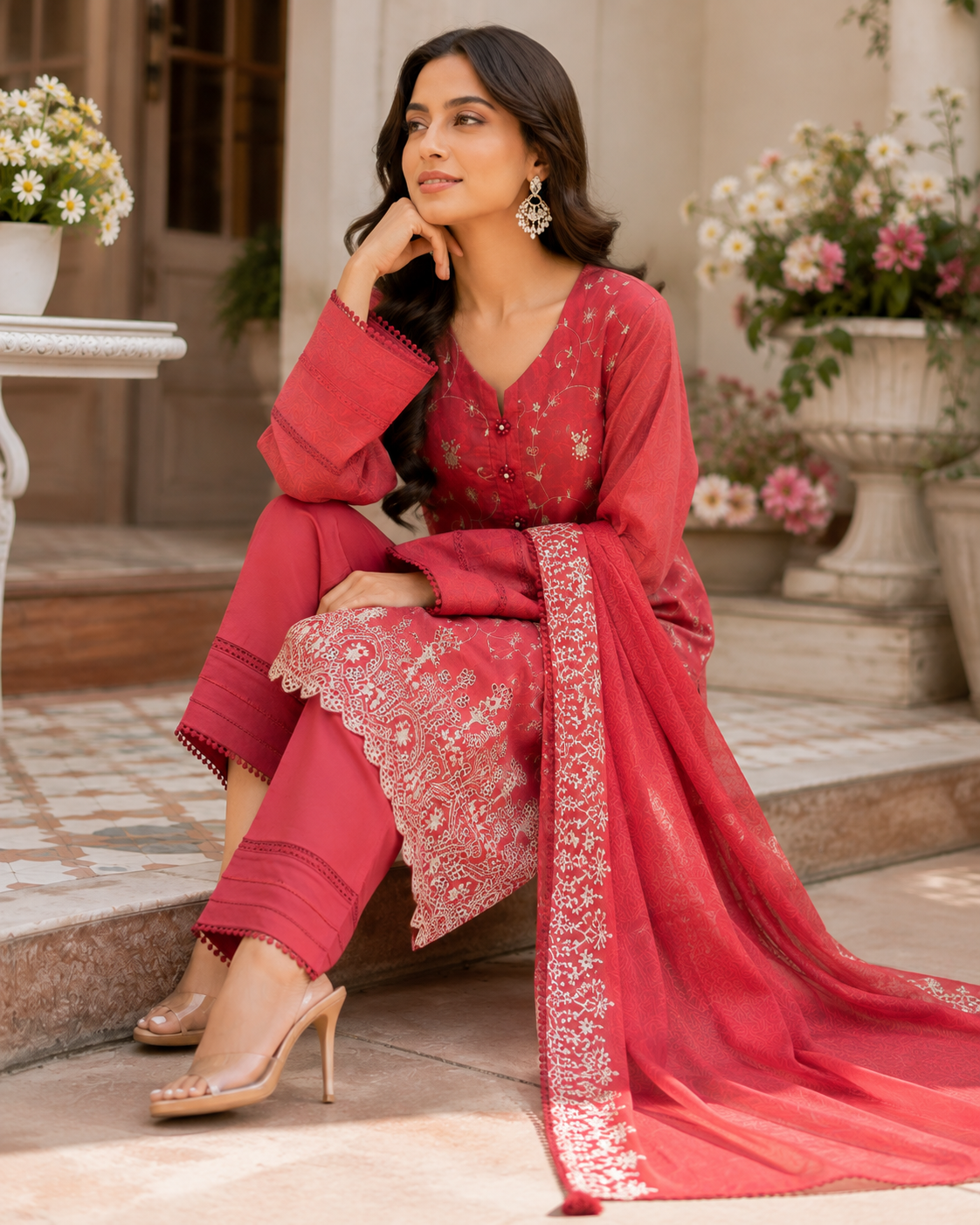 Unstitched red lawn suit with schiffli cutwork