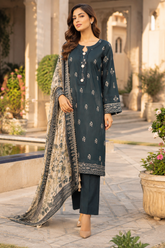 Dark teal unstitched three-piece lawn suit with beige floral chiffon dupatta