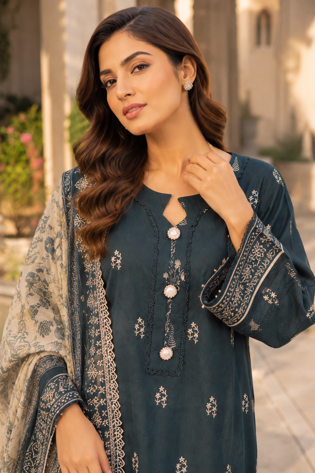 Dark teal three-piece unstitched lawn suit for daily wear