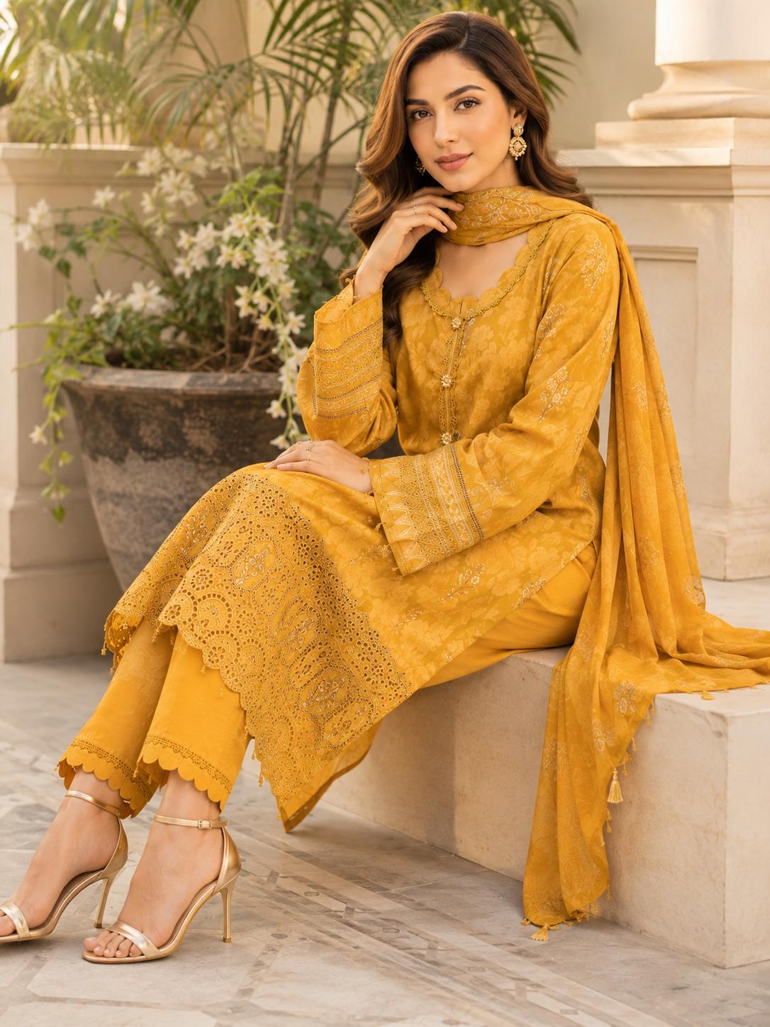 Unstitched mustard schiffli cutwork lawn suit in monochrome
