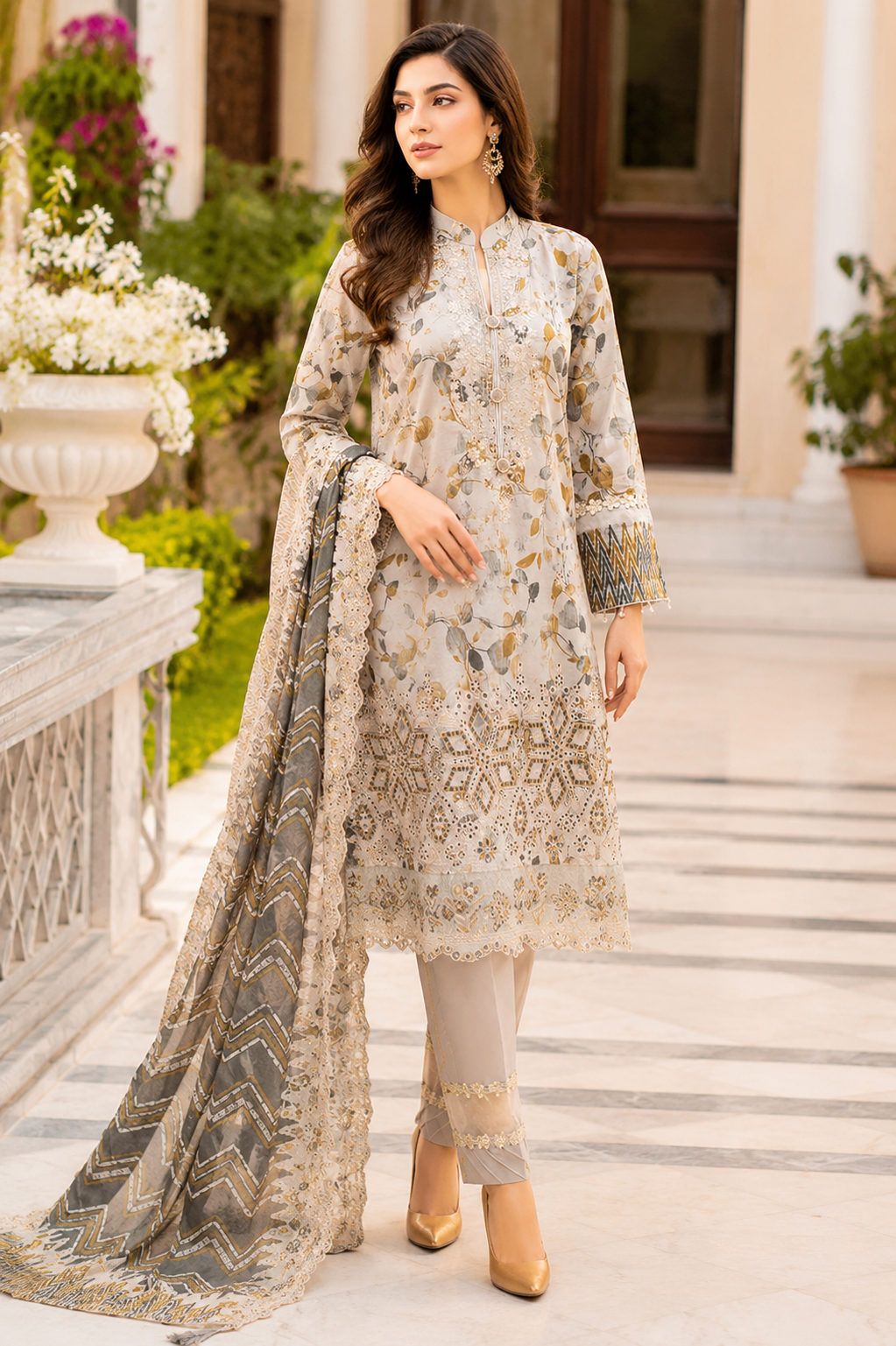 Botanical print beige lawn suit with chiffon dupatta, unstitched