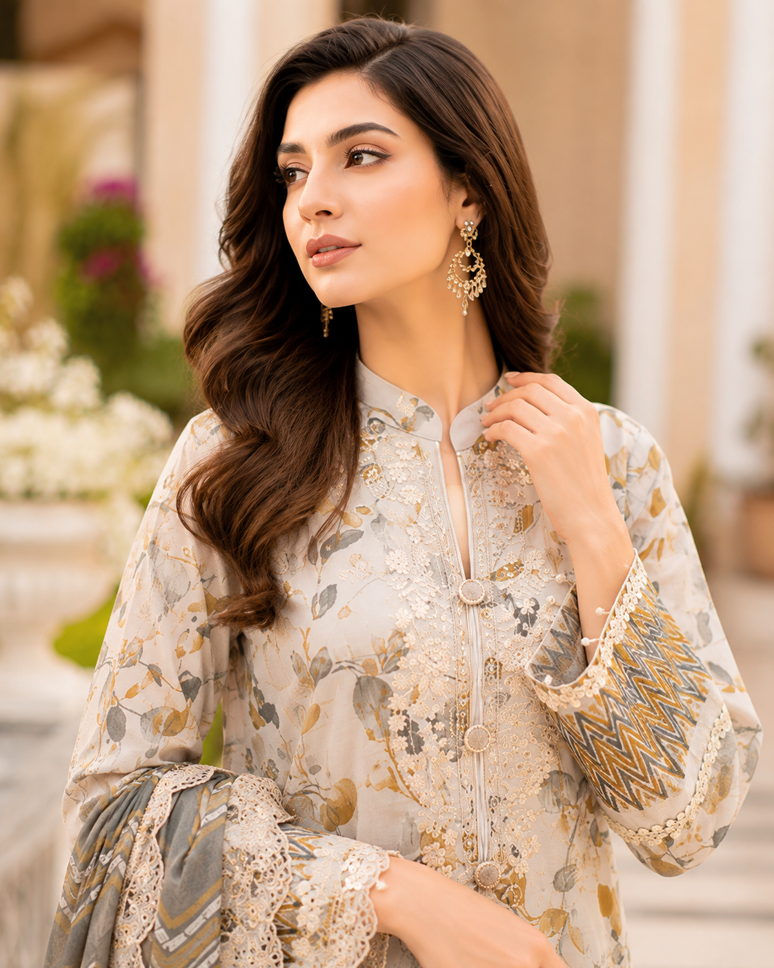 Beige botanical print unstitched three-piece lawn suit with chevron chiffon dupatta