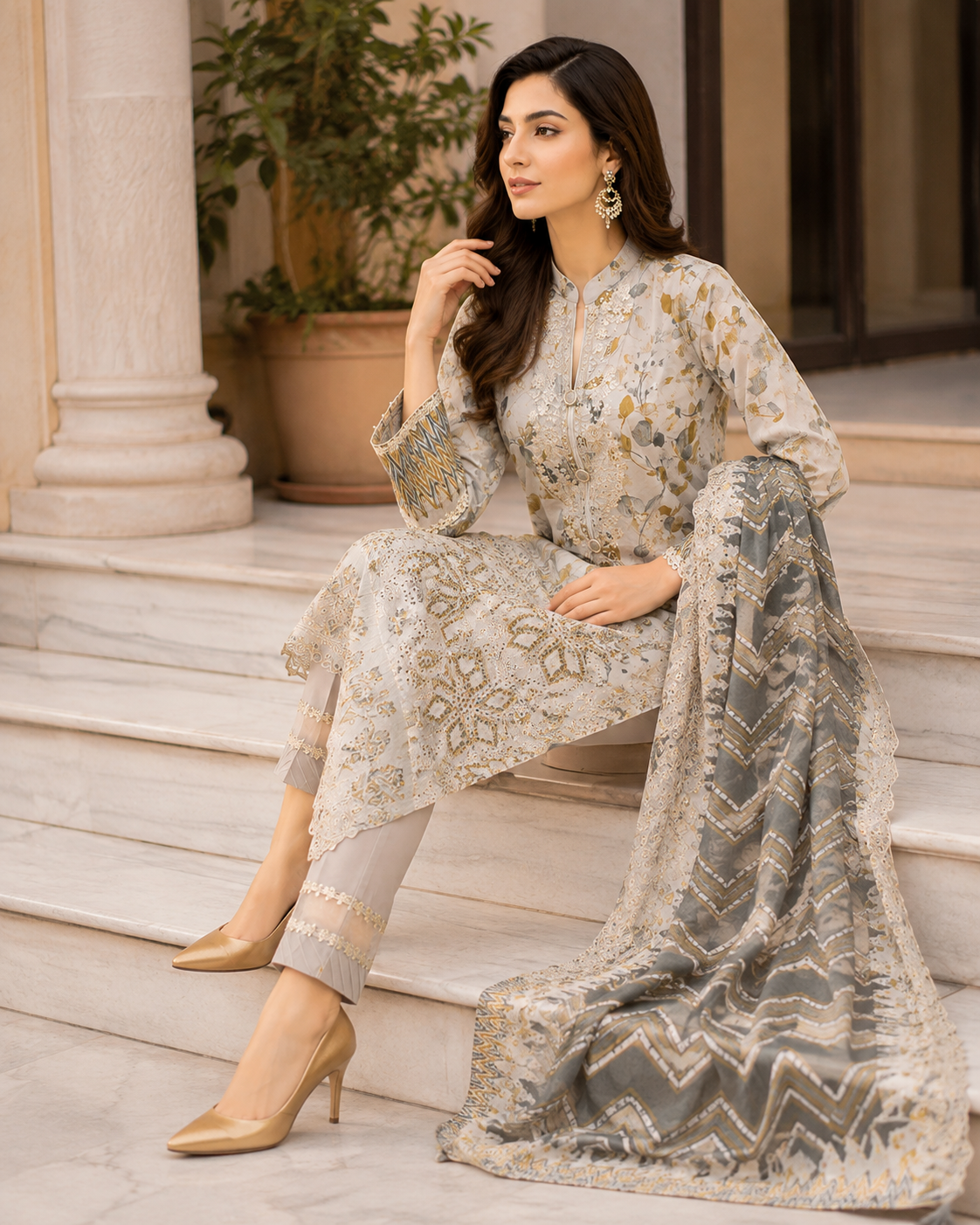Beige three-piece luxury unstitched lawn suit for festive wear