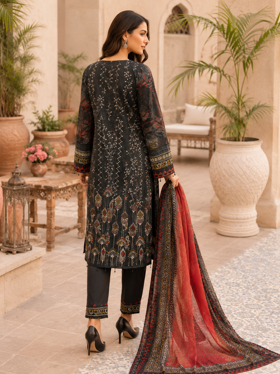 Ikat print black lawn suit with voile dupatta, unstitched