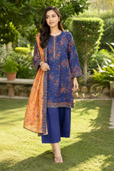 Navy blue and orange printed 3-piece stitched suit