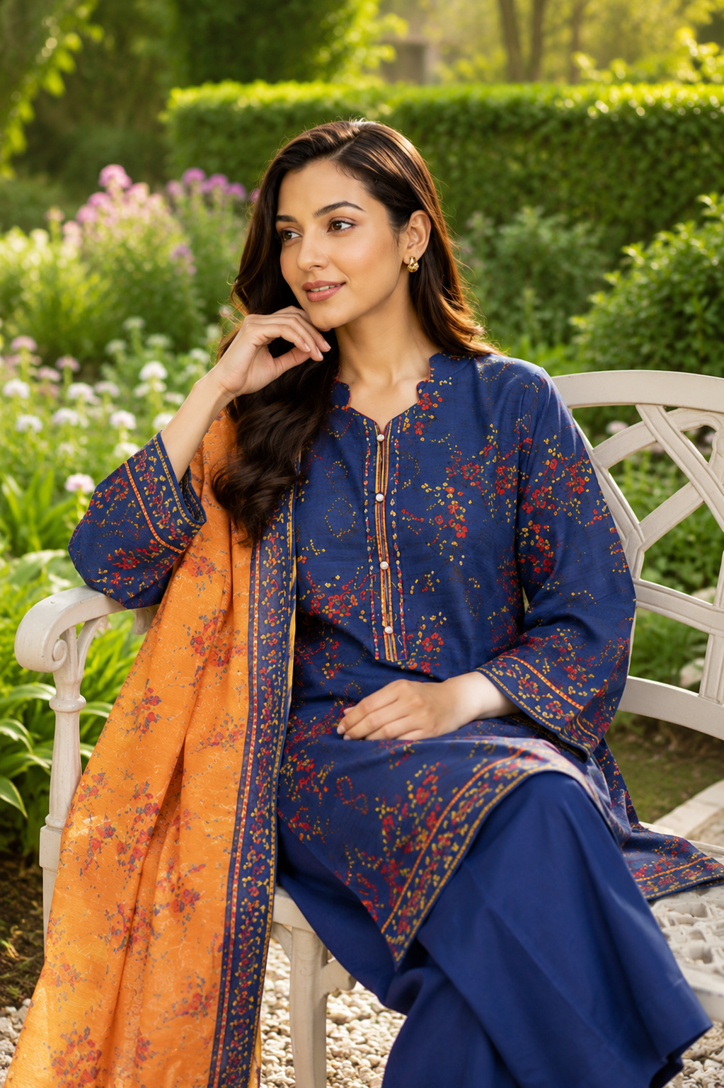 Blue printed lawn suit with contrast dupatta, unstitched three-piece