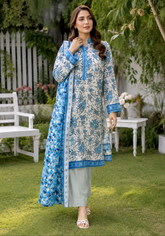White and blue floral printed 3-piece stitched suit