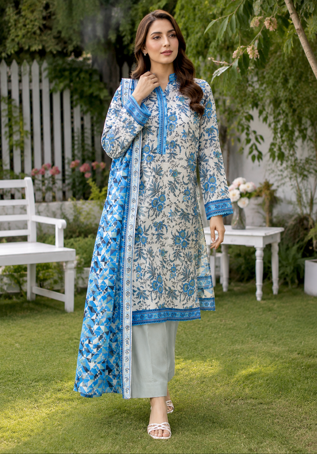 Blue and white 3-piece unstitched digital printed lawn suit by The Mehak Fashion