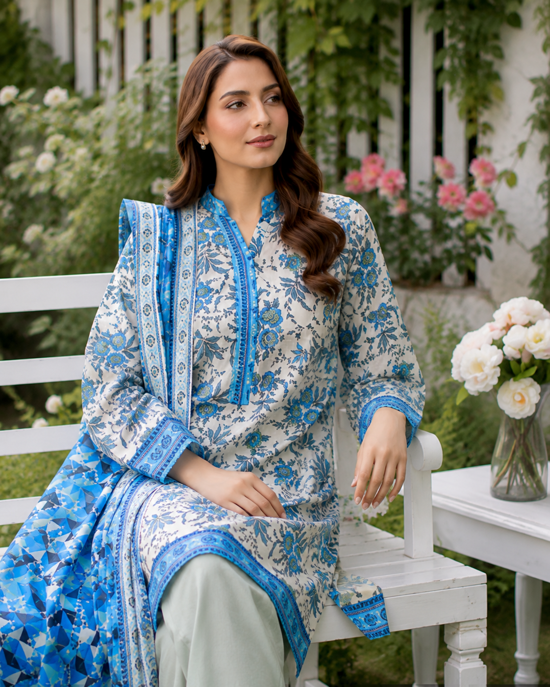Blue and white printed lawn suit with blue geometric mosaic dupatta, unstitched three-piece