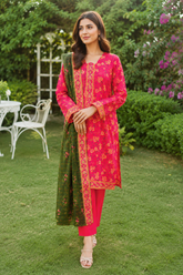 Pink floral print unstitched three-piece lawn suit with olive dupatta