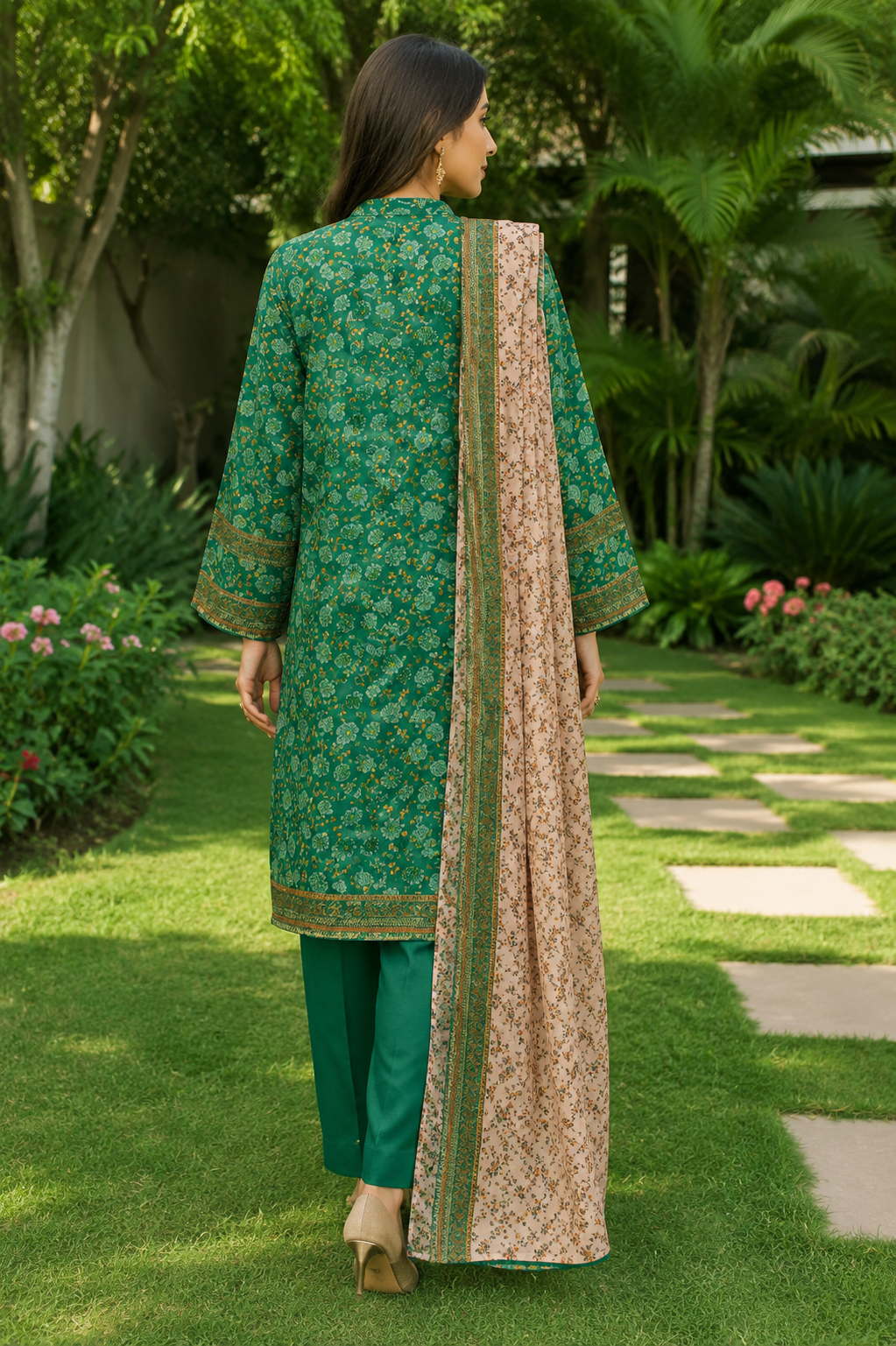 Emerald green floral printed 3-piece stitched suit
