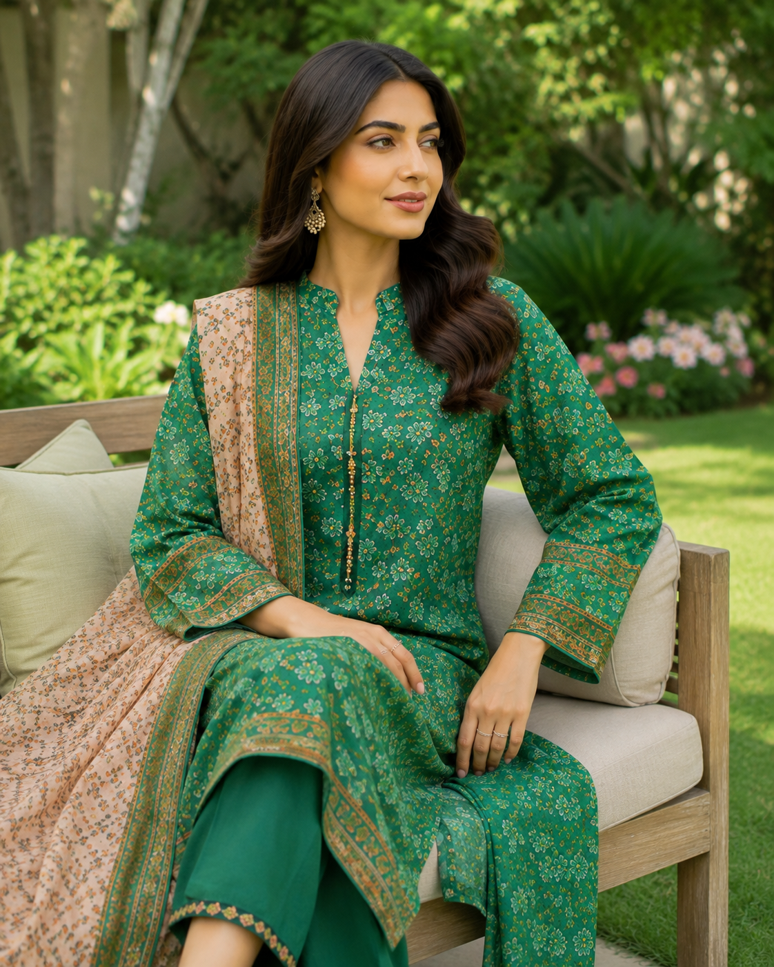 Emerald green floral printed 3-piece stitched suit