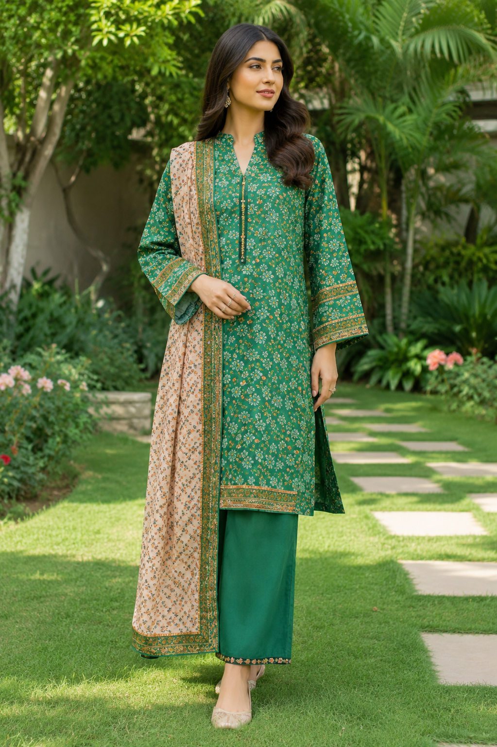 Emerald green floral printed 3-piece stitched suit