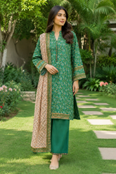 Emerald green floral printed 3-piece stitched suit