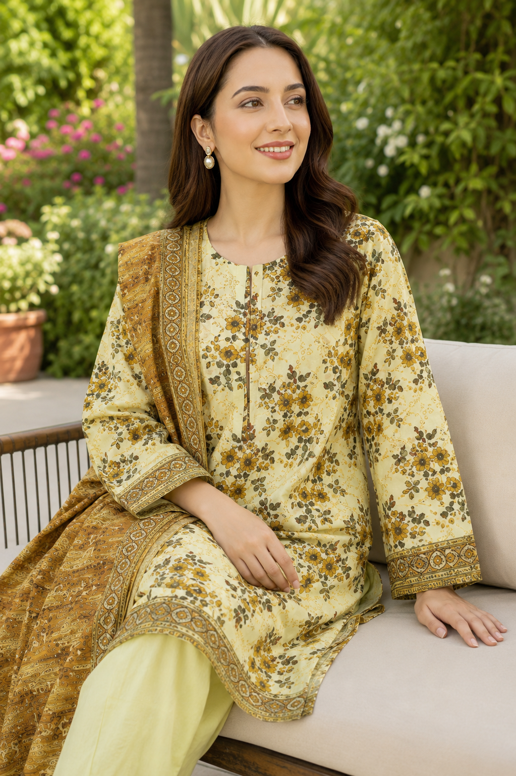 Mustard floral printed 3-piece stitched lawn suit