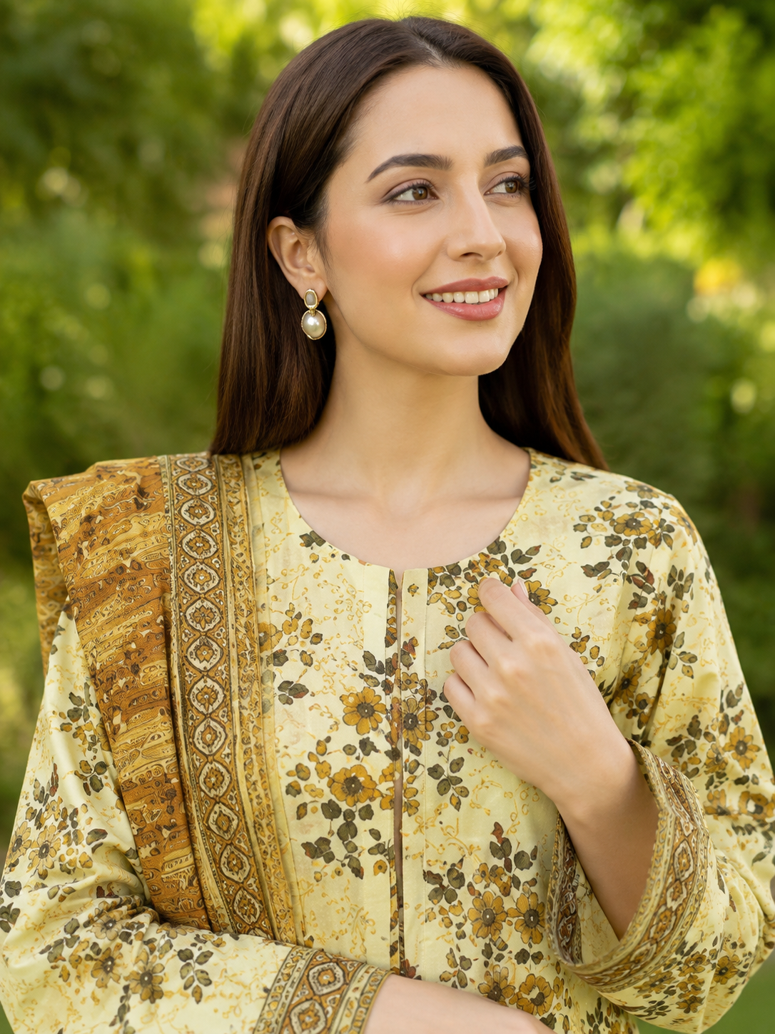 Mustard floral printed 3-piece stitched lawn suit