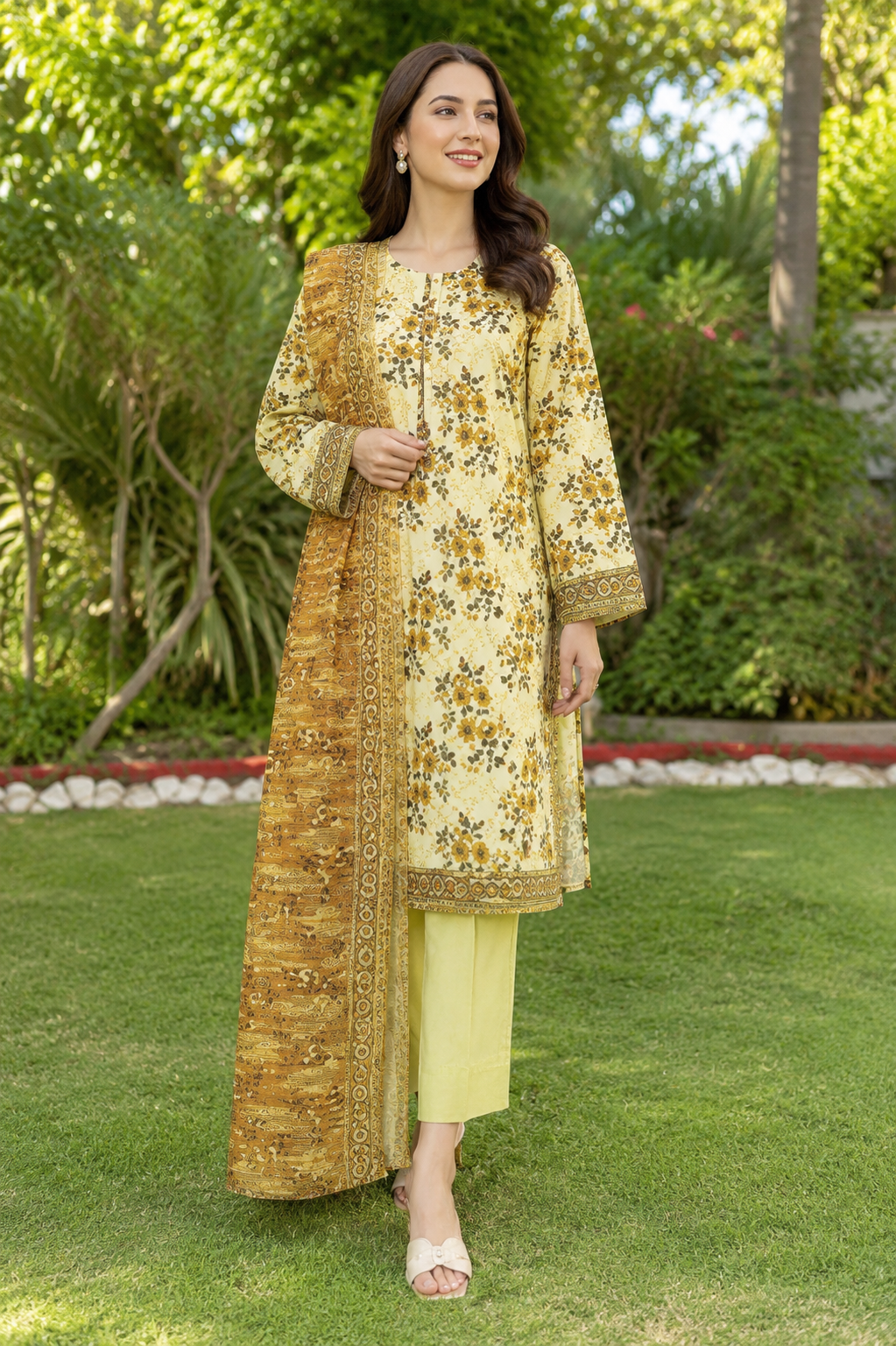 Mustard floral printed 3-piece stitched lawn suit