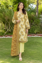 Mustard floral printed 3-piece stitched lawn suit