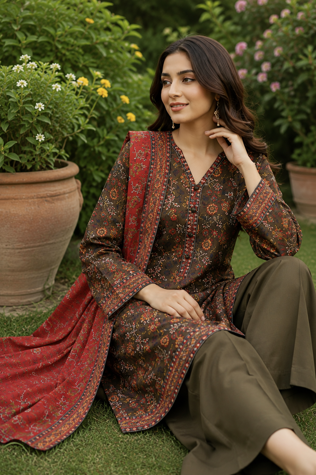 Olive brown floral printed 3-piece stitched suit