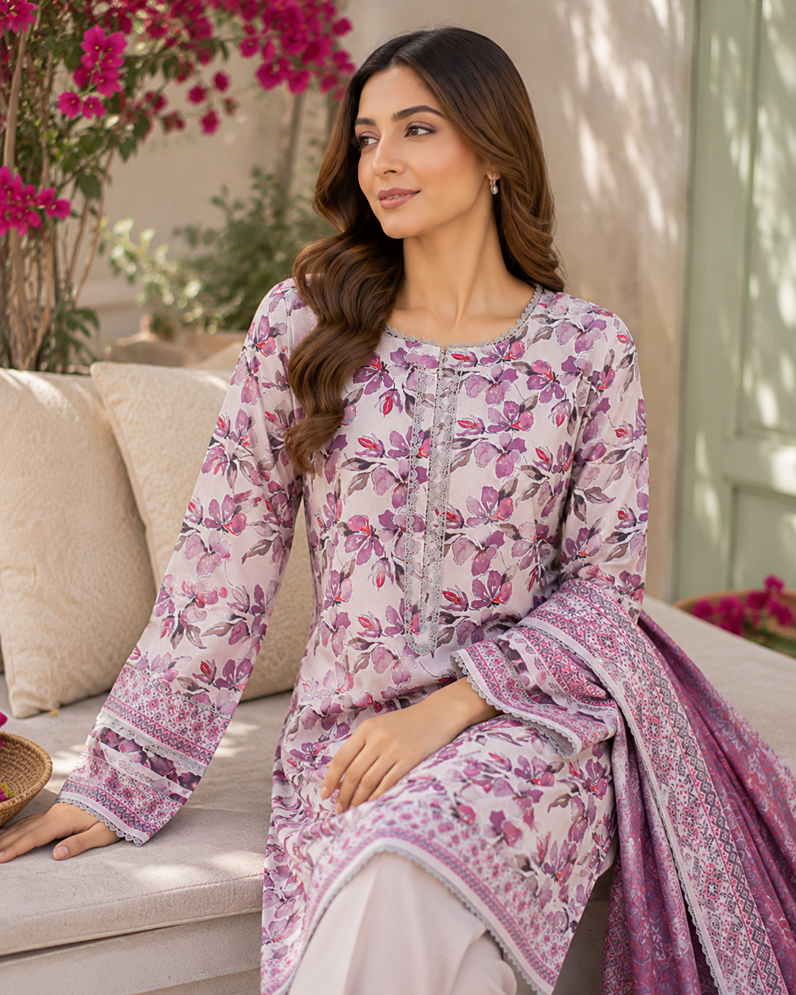 Dusty lilac printed lawn suit with lilac geometric-floral dupatta, unstitched three-piece