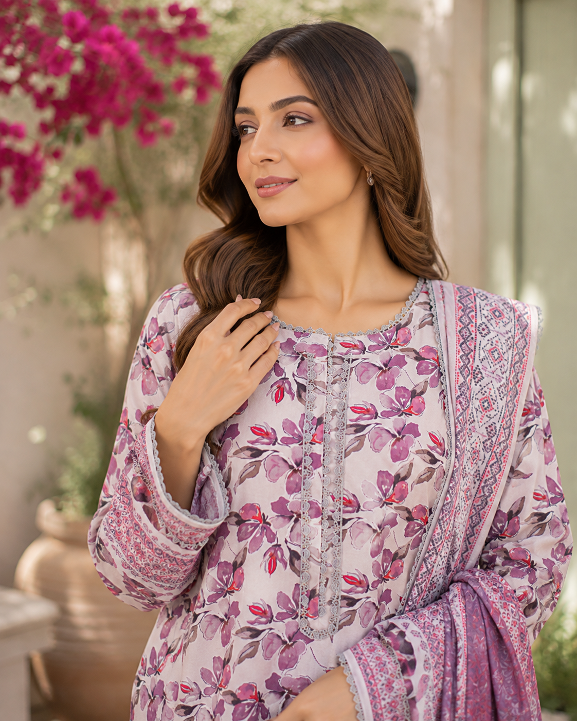 Unstitched dusty lilac Pakistani lawn suit with watercolor floral print