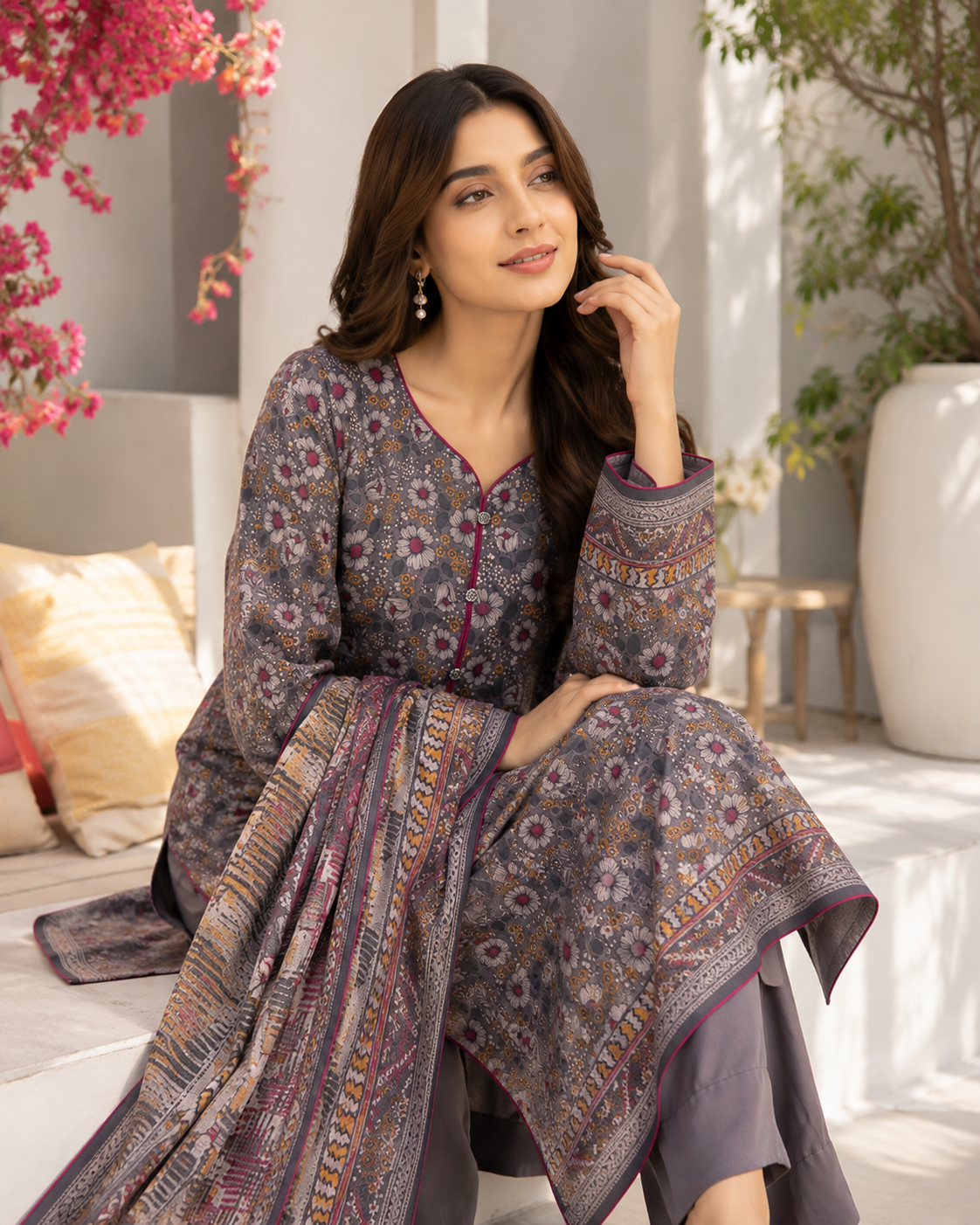 Charcoal grey printed lawn suit with geometric-bordered printed dupatta, unstitched three-piece