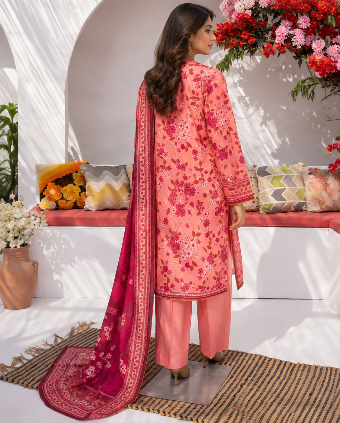 Peach coral 3-piece unstitched digital printed lawn suit by The Mehak Fashion