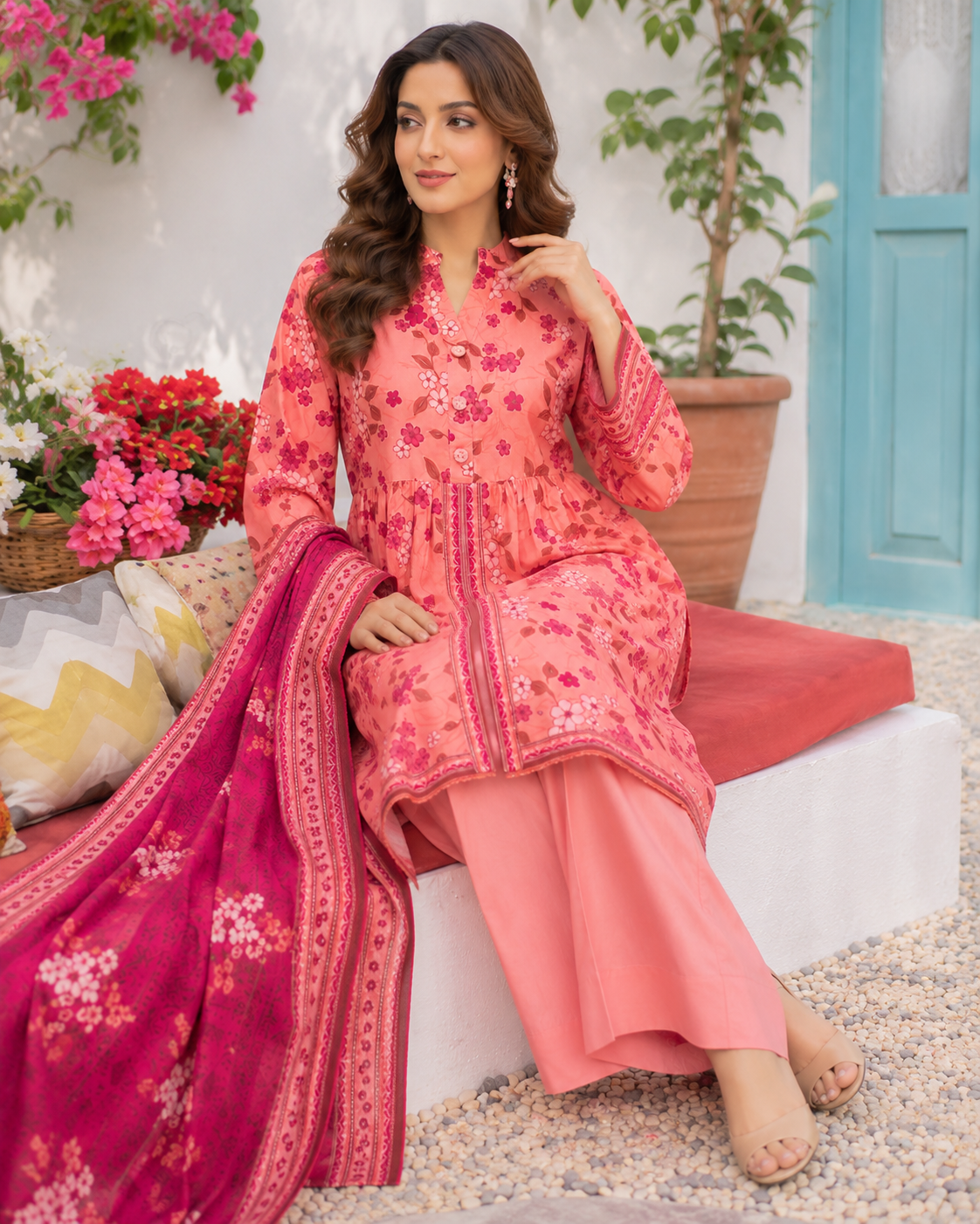 Peach coral printed lawn suit with berry pink dupatta, unstitched three-piece
