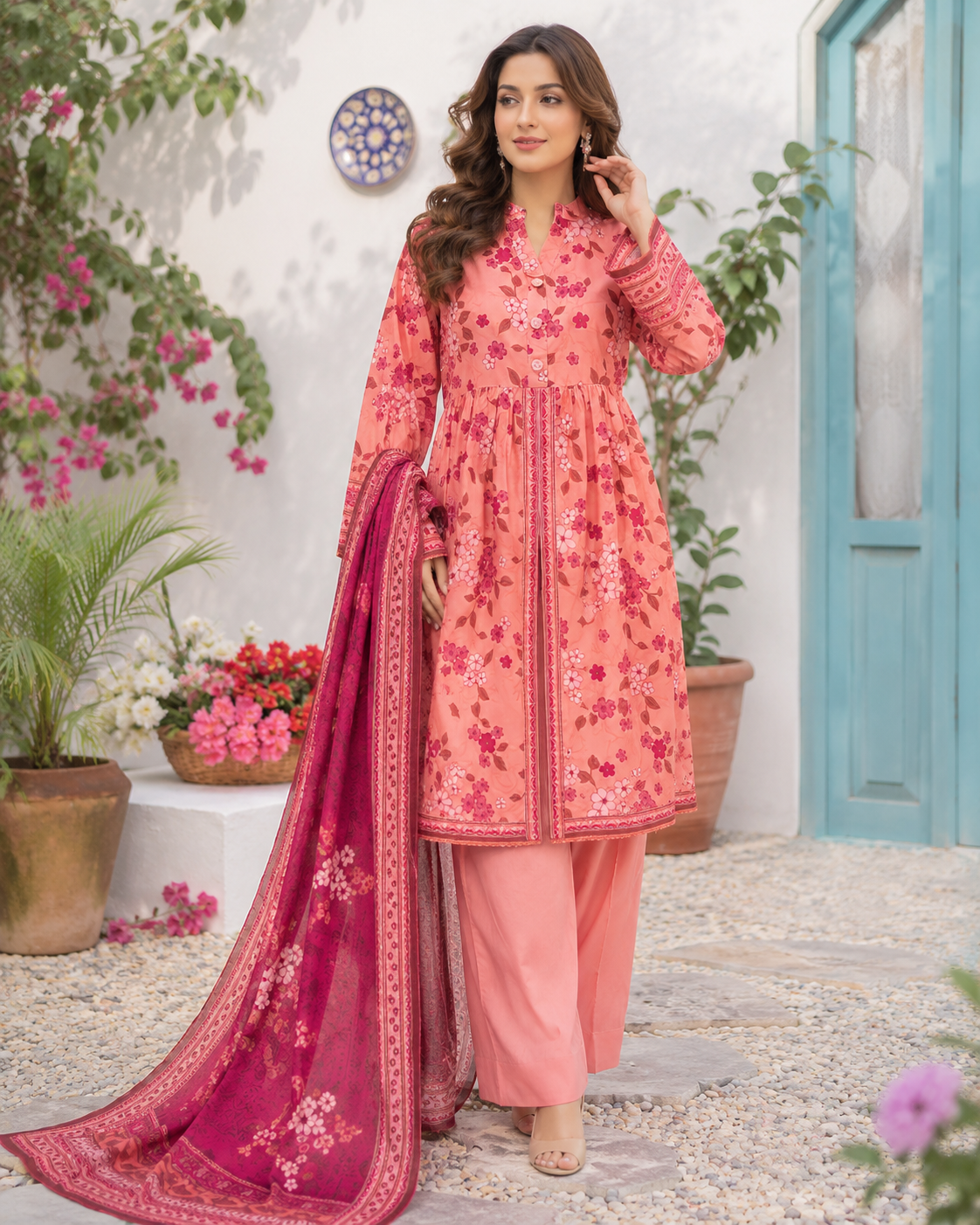 Unstitched peach coral Pakistani lawn suit with cherry blossom floral print