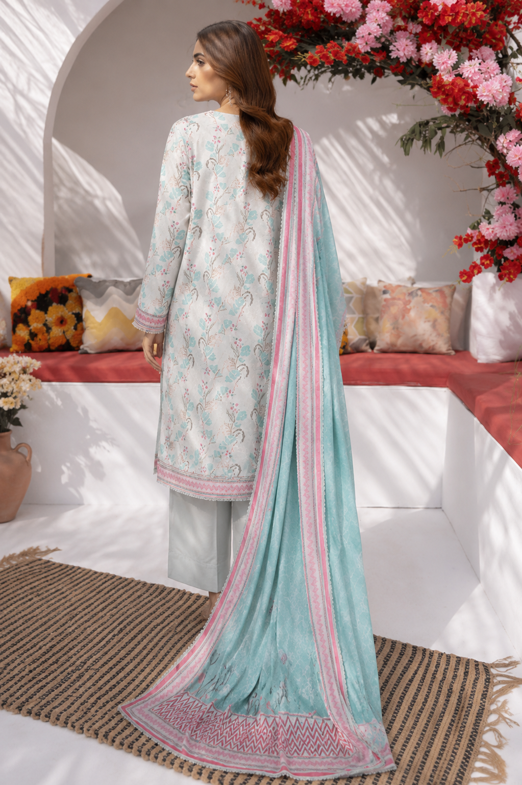 Ice blue 3-piece unstitched digital printed lawn suit by The Mehak Fashion