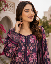 Eggplant purple rose bouquet print 3-piece unstitched lawn suit with plum floral dupatta